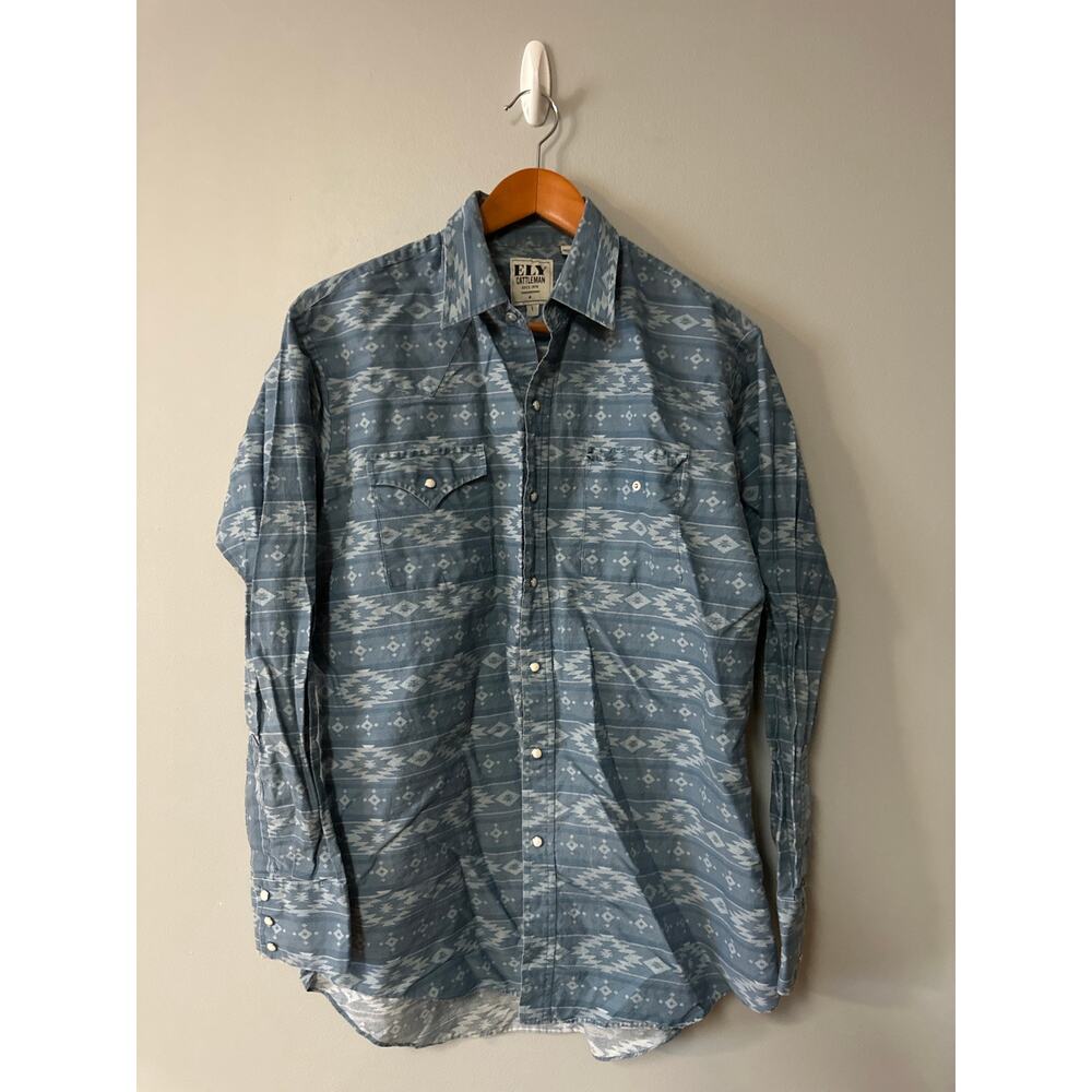 ELY Cattleman Western Shirt Mens Medium Blue Aztec Snap Button Cowboy Rodeo